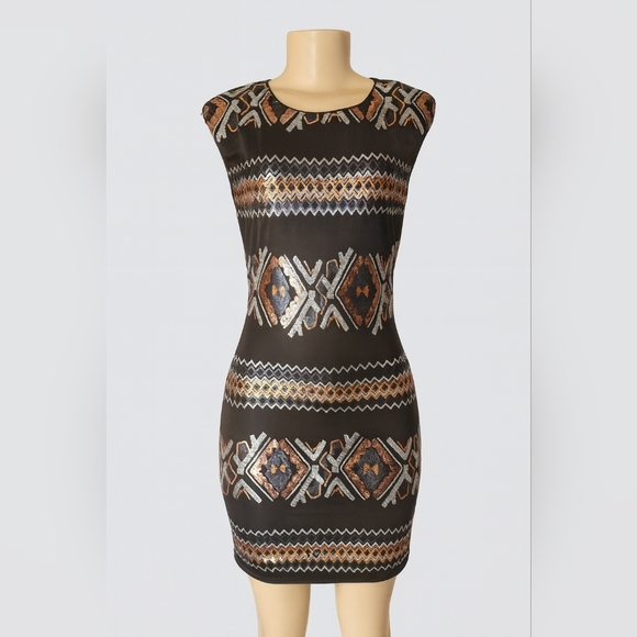 As U Wish Metallic Tribal Print Bodycon Dress (Juniors L- Fits Like A Women S) - Picture 1 of 4